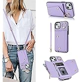 Vervebear Compatible with iPhone 13/14 Crossbody Wallet Case with Card Holder for Women,Phone Case RFID Blocking PU Leather Zipper Handbag Flip Cover with Card Slots Ring Wrist Stand,Purple