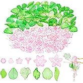 PH PandaHall 120pcs Green Leaf Beads Pink Flower Beads 12 Styles Transparent Acrylic Bead Crystal Loose Spacer Bead for Phone Charms Keychains Earrings Jewelry Bracelet Beading Crafting