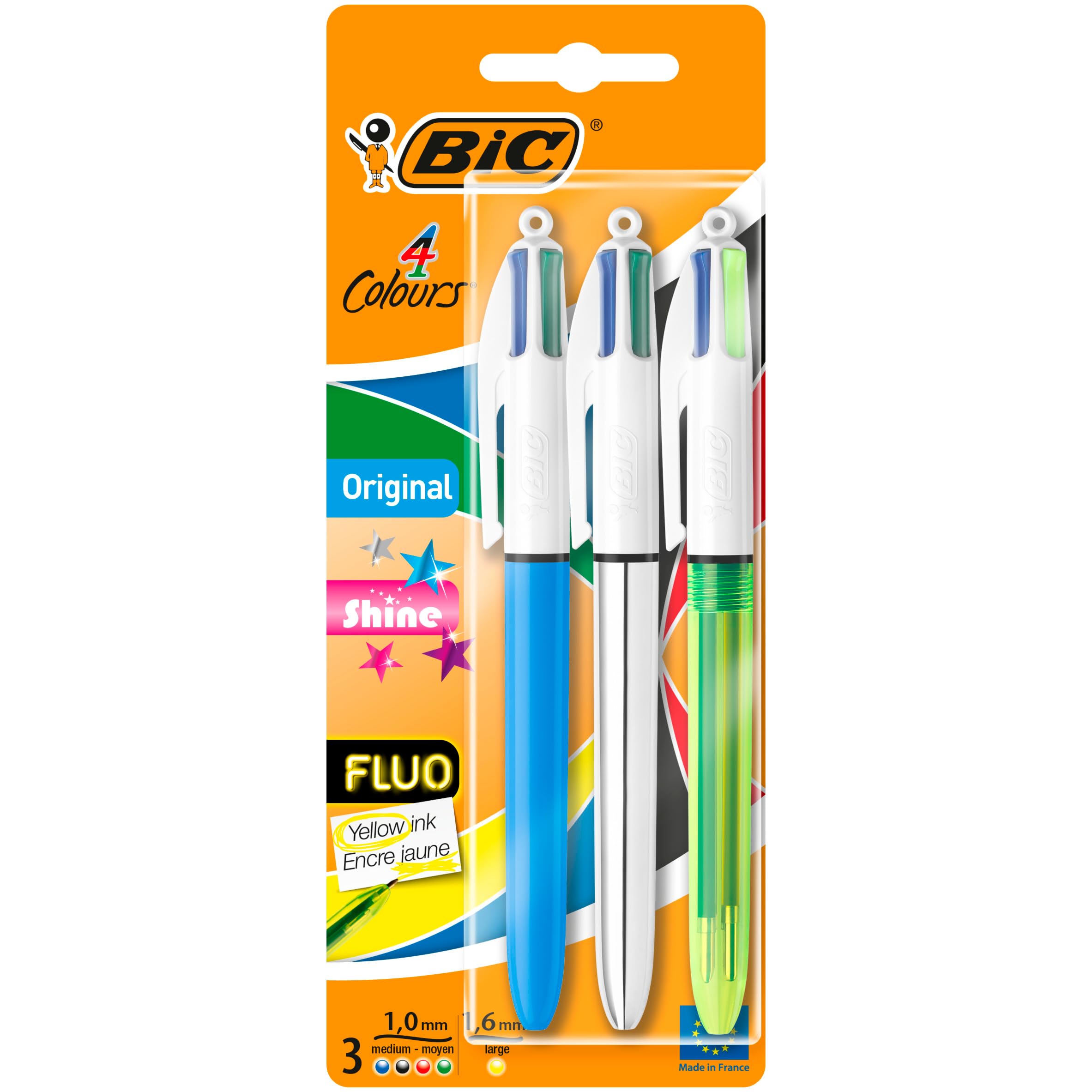 BIC 4 Colour Retractable Pen Shine & Fluo - 3 Pack - With Fluo