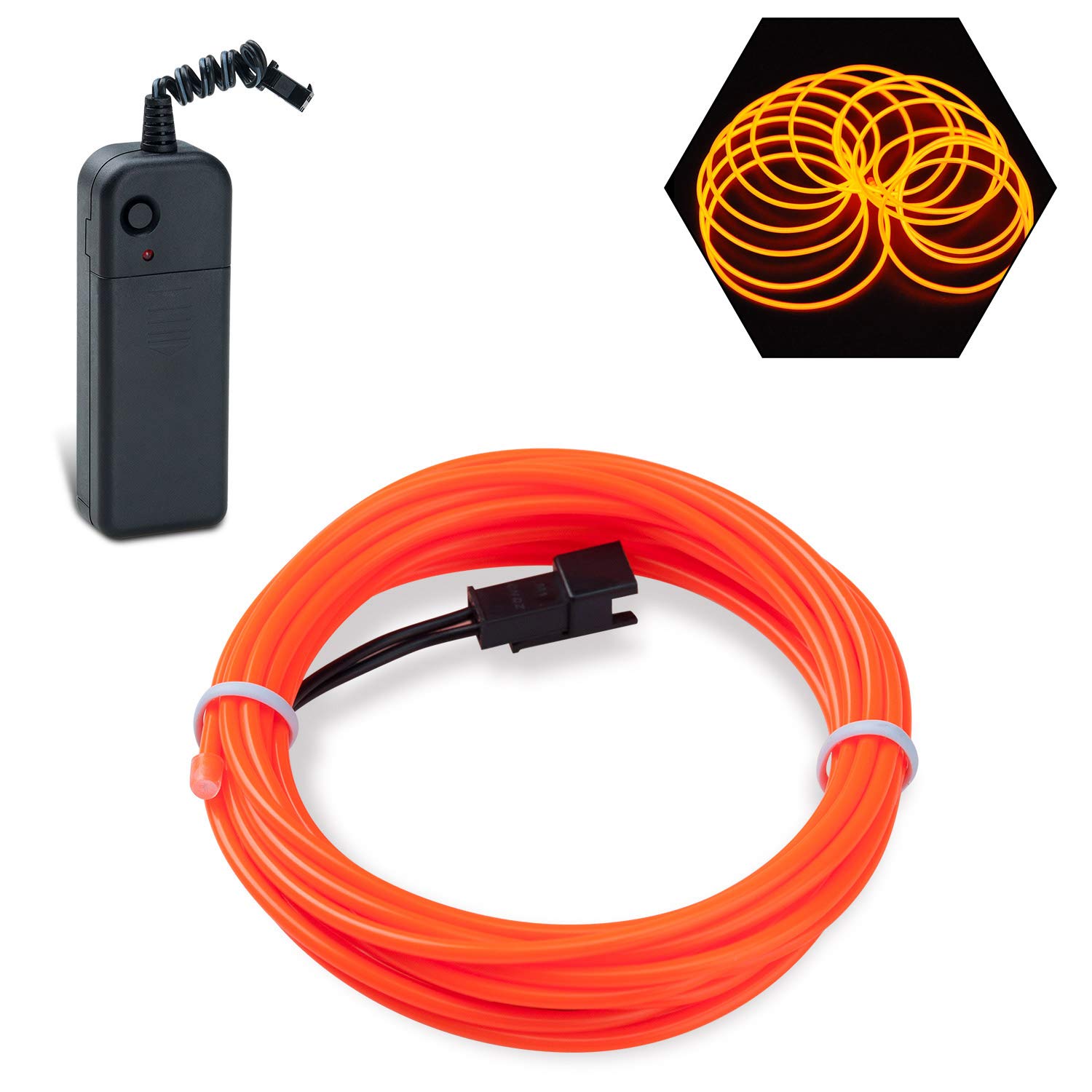 Podazz El Wire 16.4ft/5m Orange, Neon Glowing Strobing Electroluminescent Wire with 3 Lighting Modes, Battery Operated El Light for Halloween Decor, Parties, Xmas Tree, Cosplay, Car Bar Decor