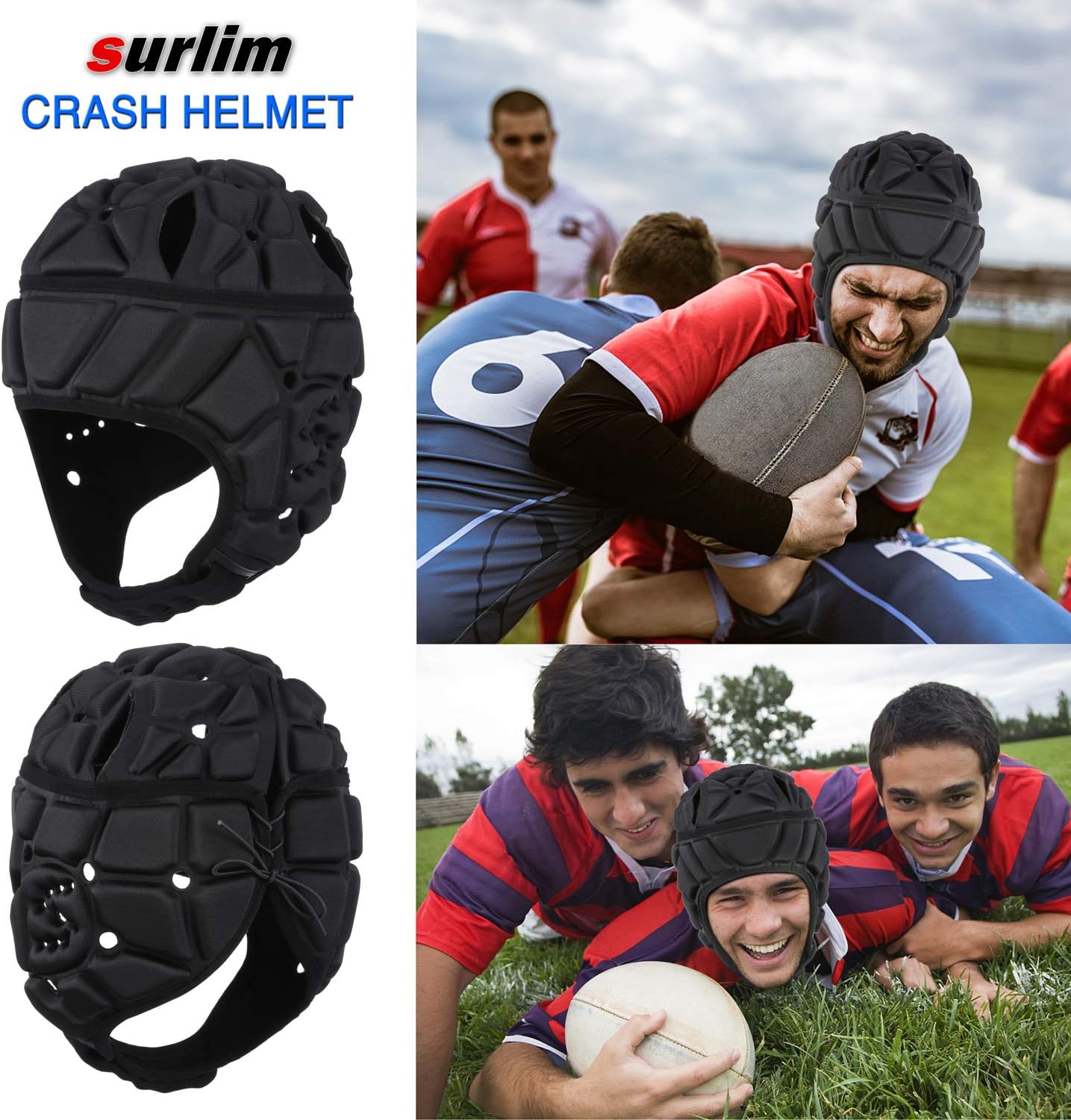 Surlim Soft Helmet Flag Football Rugby Helmet Scrum Cap Soft Shell Helmet Soccer Headgear Special Needs Head Protection for Youth Adults (Black, Large) : Sports & Outdoors
