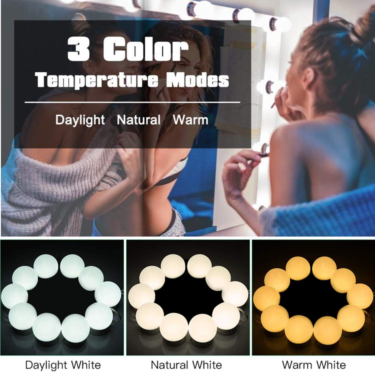 Pretmess Hollywood Style Vanity Mirror Lights Kit, Adjustable Color and Brightness with 10 LED Light Bulbs, Lighting Fixture Strip for Makeup Vanity Table Set in Dressing Room (Mirror Not Include) - - 