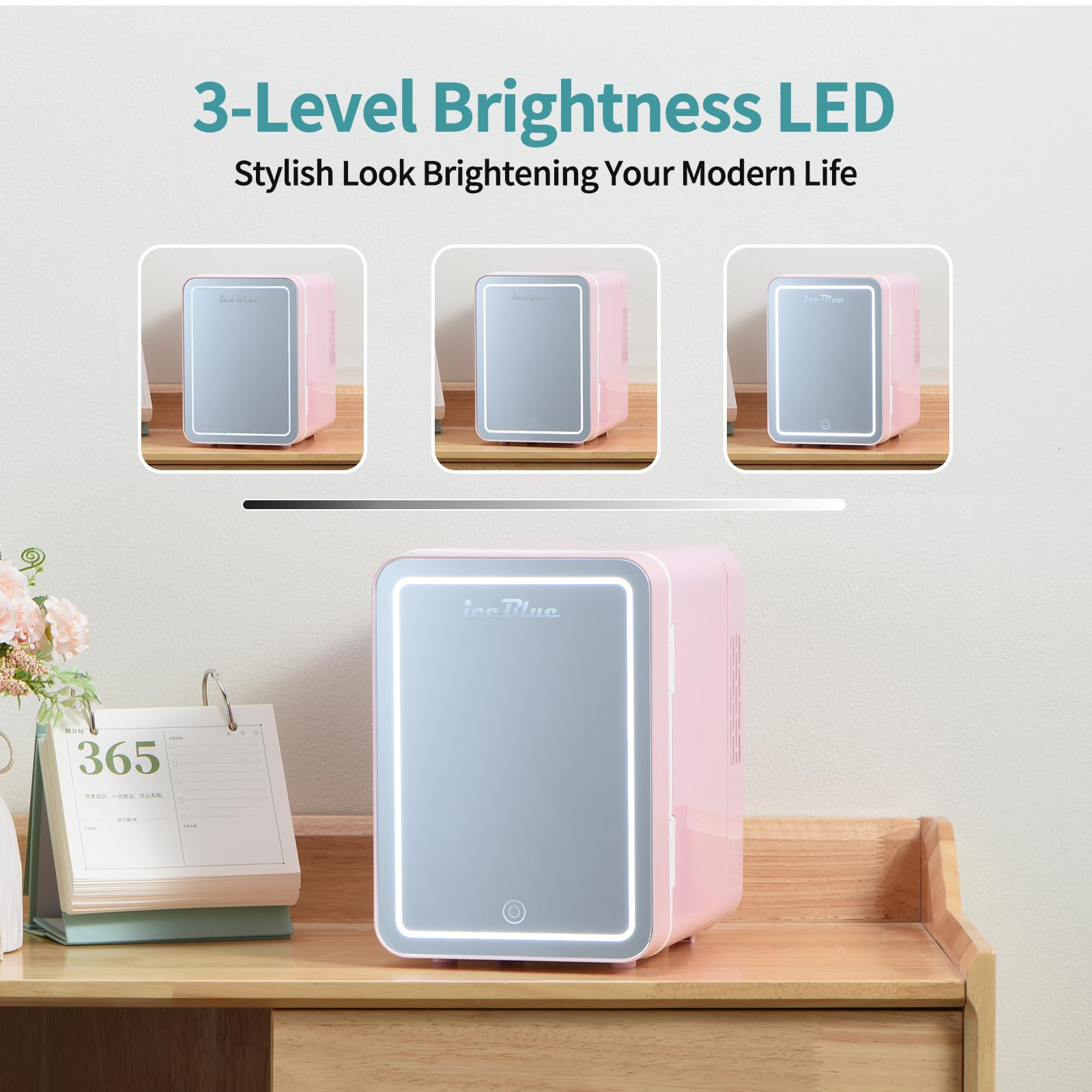 Iceblue Skincare Fridge with Dimmable LED Light Mirror, 4L Compact Makeup Refrigerator for Bedroom, Car, Office & Dorm, Pink Mini Fridge for Beauty Essentials & Beverages(Pink)