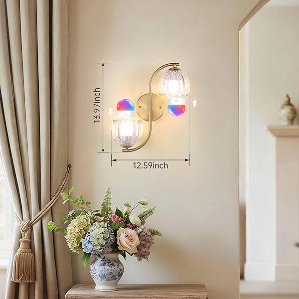 SHENMOYL BATTERY OPERATED WALL SCONCE, 2-LIGHTS VINATGE BRASS WALL LIGHTING UP AND DOWN WITH CLEAR TULIP SHADE FOR LIVING ROOM, BEDROOM, SYMMETRICAL 2 PACK