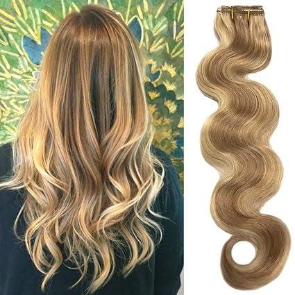 Human Hair Clip In Extensions 22 Wavy Golden Brown With Blonde Highlights Hair 70g 7 Pieces Body Wave Weft Remy Human Hair For Full Head