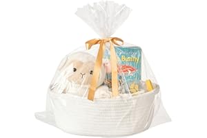 Kodomoore Gift Basket with Wrap Bag and Ribbon, Empty Small Woven Basket for Gift, Cute Decorative Gift Organizer for Baby Showers, Raffle, Thanksgiving and Christmas – 12"x8"x5", White