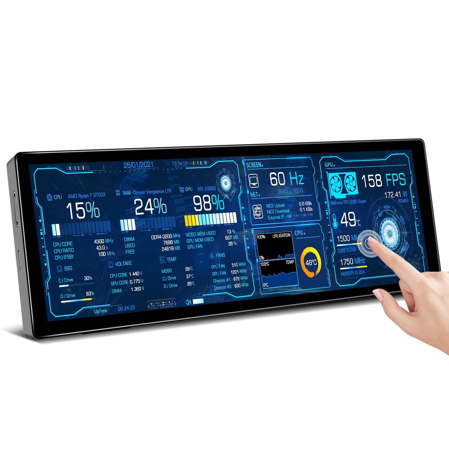 Ulrhzar Small Touchscreen Monitor 7.8inch 1280x400P