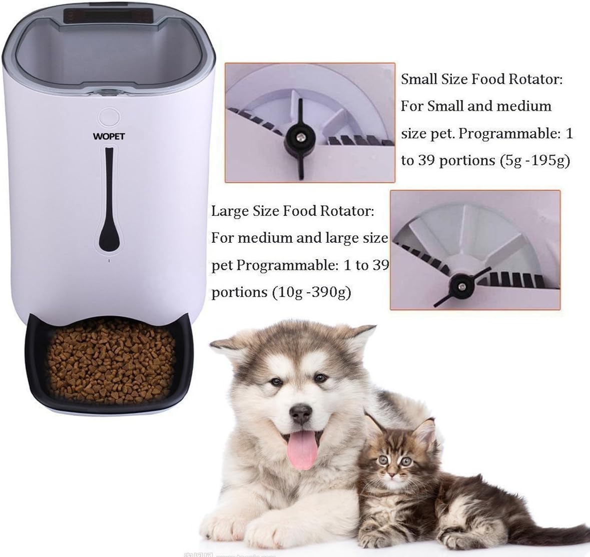 WOPET Automatic Pet Feeder Food Dispenser for Cats and Dogs–Features: Distribution Alarms, Portion Control, Voice Recorder, Programmable Timer for up to 4 Meals per Day: Home & Kitchen