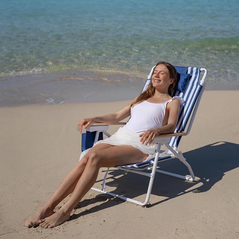 Pack di 2 Sedie da Spiaggia - Reclinabile 5 Posizioni - Tasca Termica - Tasca per Cellulare - Maniglie Tipo Zaino - Cuscino Ergonomico - Alluminio e Poliestere - Blu Navy