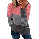 KISSMODA Womens Casual Long Sleeve Sweatshirts Color Block/Solid Tops Corduroy Crewneck Tunic Pullover with Pockets