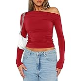 ForeFair Women Sexy Off The Shoulder Long Sleeve Tops Y2k Ruched Going Out Tops Slim Fit Fall T-Shirts