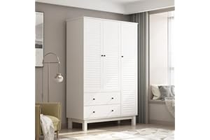 ECACAD Large Wardrobe Armoire with 4-Tier Shelves, 2 Drawers, Hanging Rod & 3 Louver Doors, Wooden Closet Storage Cabinet for Bedroom, White (48”W x 20.2”D x 71”H)