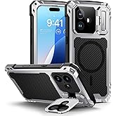 Lanhiem for iPhone 16 Plus Metal Case with Camera Cover & Stand [Compatible with MagSafe] [Built-in Kickstand] [Military-Grade Protection] Heavy Duty Rugged Magnetic Phone Case, (Silver)