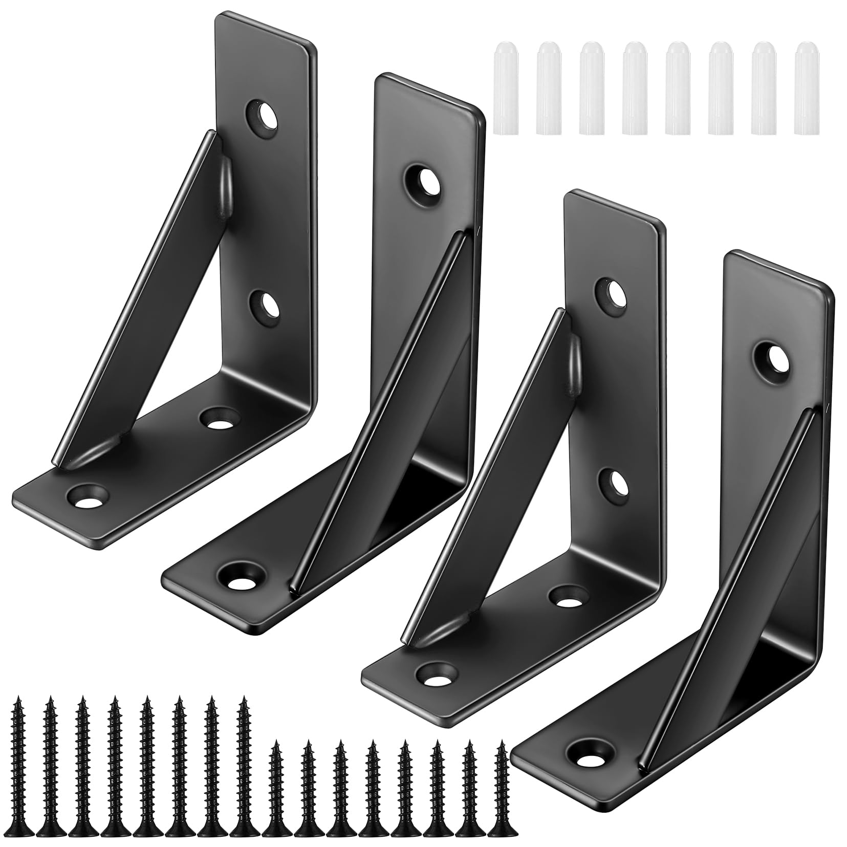 Set of 4 Shelf Brackets, Wall Mount, Heavy-Duty 90-Degree Metal Angles, Floating Triangular Design, for Bookshelves, 10x7.5x3 cm