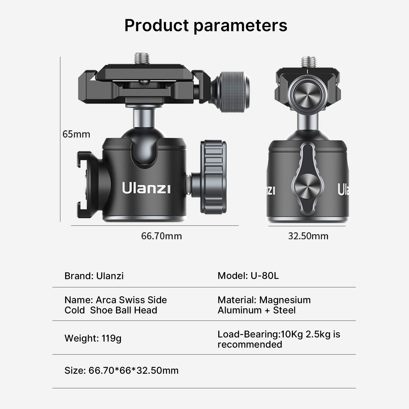 ULANZI U-80L Metal Ball Head Camera Mount Arca Swiss 360 Rotating with Quick Release Plate & Cold Shoe, 22lbs/10kg Load for 1/4