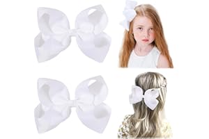 YHXX YLEN 2 PCS 6" Big Hair Bows for Girls Alligator Clips Grosgrain Ribbon Solid Color Hair Accessories for Little Teen Toddler Girls Kids-White