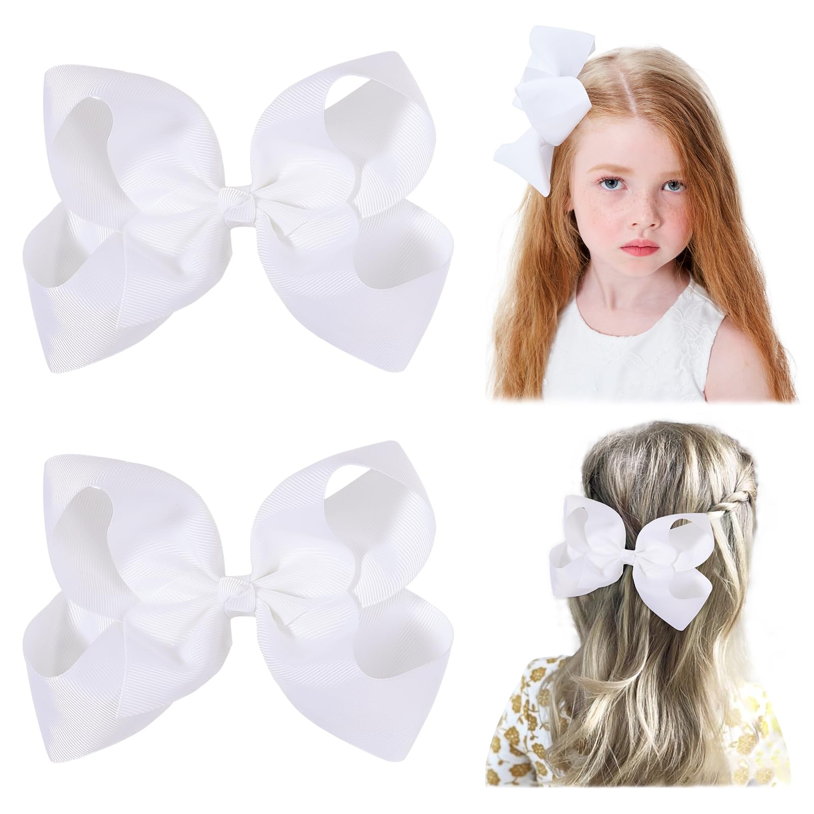 Photo 1 of 2 PCS 6" Big Hair Bows for Girls Alligator Clips Grosgrain Ribbon Solid Color Hair Accessories for Little Teen Toddler Girls Kids-White