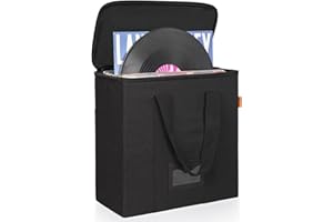 IBVIVIC Vinyl Record Storage Box with Lids and Handle Vinyl Album Storage Case Bag for 7/10/12 inch LP, Collapsible Crate Holds up 60+ Single Record (Black)