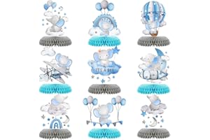TARKLANDA 9 Pcs Elephant Baby Shower Honeycomb Centerpieces Party Decor for Boys,Cute Blue Elephant Honeycomb Balloons Star Moon Topper 3D Table Decoration for Kids Party Baby Shower Party Photo Props Supplies