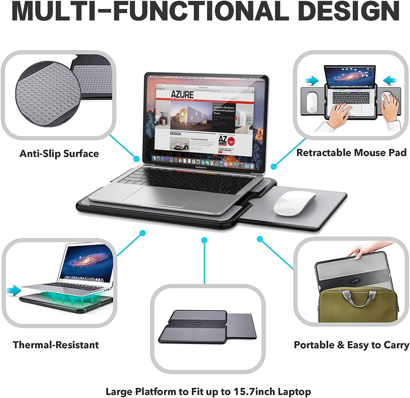 AboveTEK Portable Laptop Lap Desk w/ Retractable Left/Right Mouse Pad Tray, Non-Slip Heat Shield Tablet Notebook Computer Stand Table w/ Sturdy Stable Cooler Work Surface for Bed Sofa Couch or Travel