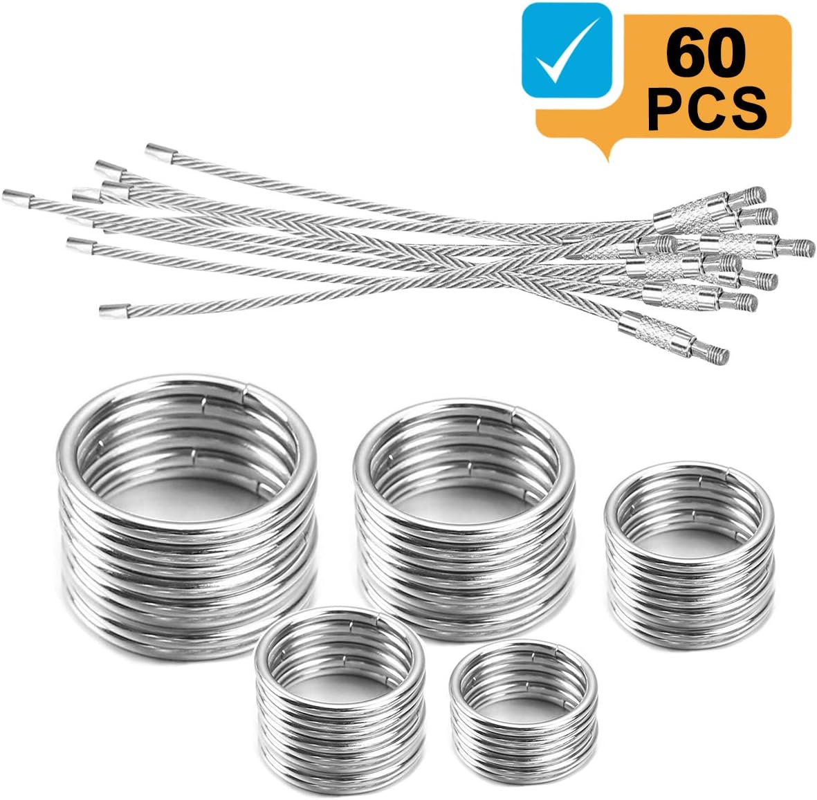 60Pcs Metal O Ring and Silver Wire Keychains,50Pcs Assorted O Rings Non-Welded and 10Pcs Stainless Steel Key Ring Loops for Webbing Belts Bags Landyard DIY Accessories and Hiking Luggage ID Tags