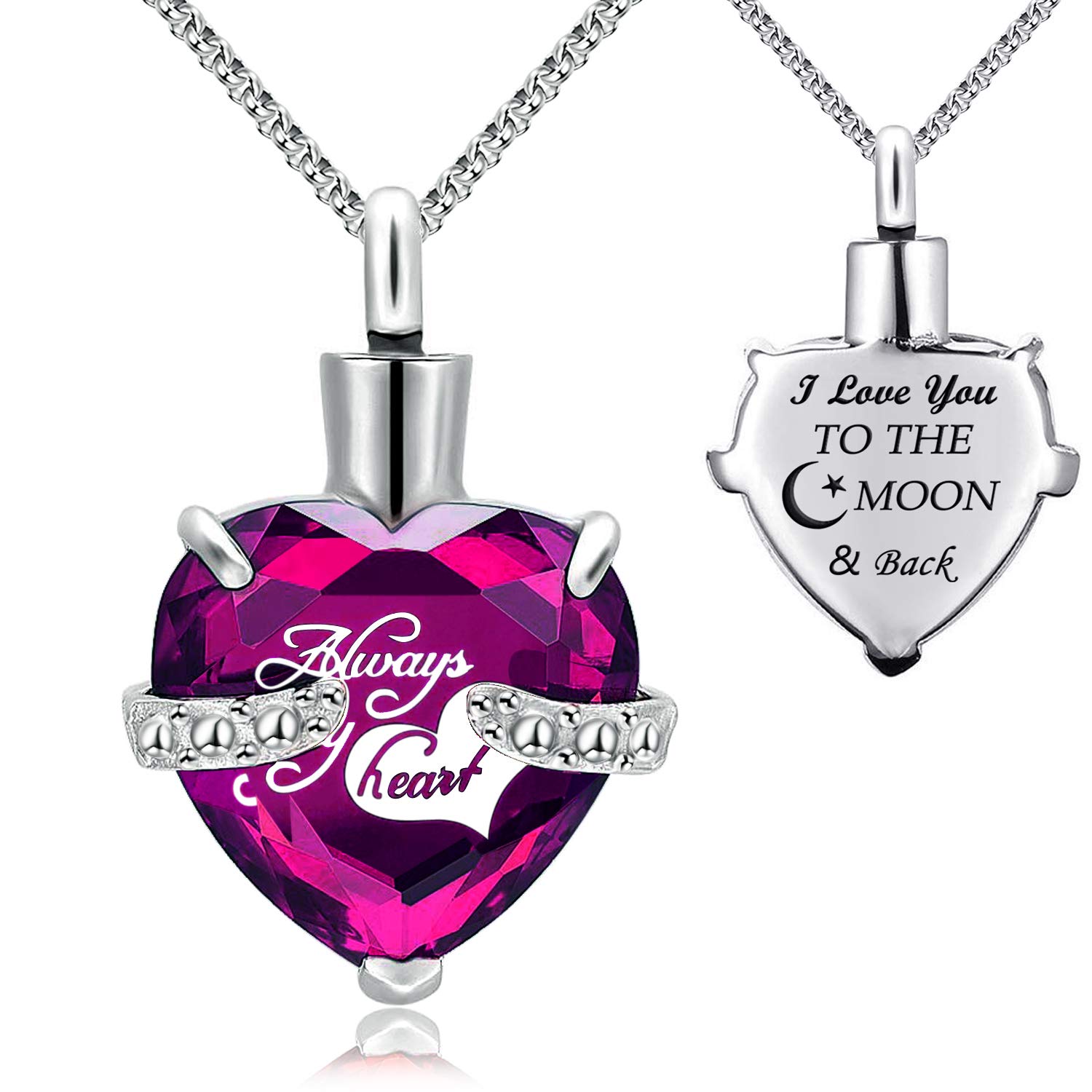 Urn Necklace for Ashes Always in My Heart I Love You to the Moon and Back Birthstone Cremation Keepsake Pendant Necklaces (February) — image 1