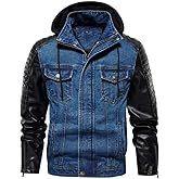 FTIMILD Men's Denim Jacket Vintage Jean Trucker Jacket with Leather Patchwork Multiple Pockets