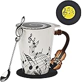 12.9 oz Violin Novelty Mug Unique Musical Note Design Tea Coffee Milk Ceramic Mug Cup with Cool Music Themed Lid and Spoon&Coaster,Musicians Gifts,Music Lovers Gift for Men,Women,Teacher