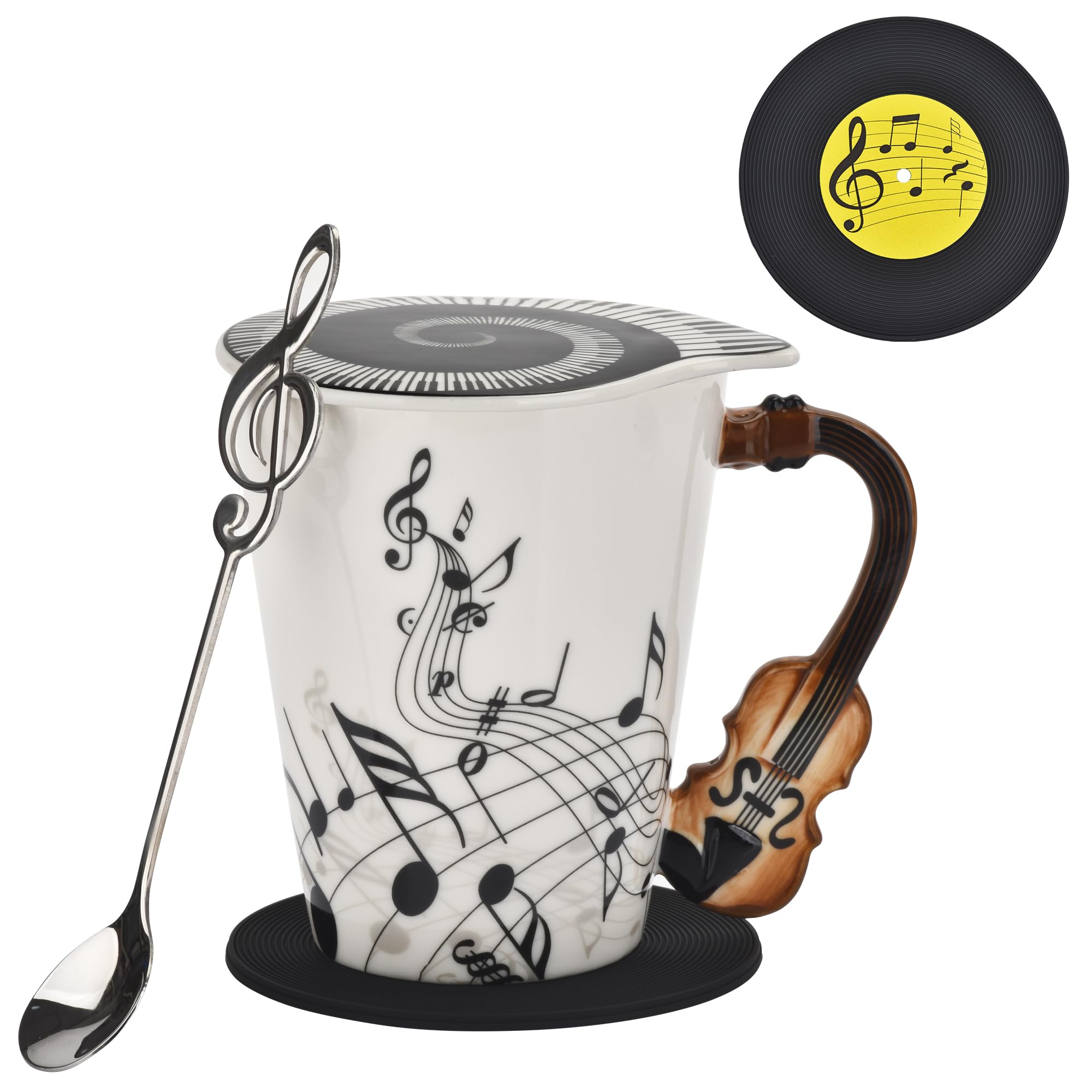 Photo 1 of 12.9 oz Violin Novelty Mug Unique Musical Note Design Tea Coffee Milk Ceramic Mug Cup with Cool Music Themed Lid and Spoon&Coaster,Musicians Gifts,Music Lovers Gift for Men,Women,Teacher
