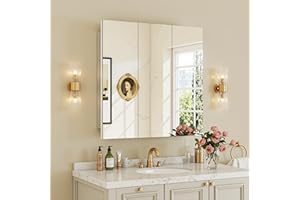 Antok 24x24 Inch Medicine Cabinet with Mirror, Wall Mounted Bathroom Mirror Cabinet, Wooden Medicine Cabinet Mirror, Recessed or Surface, White