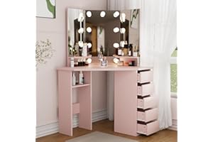 Likein Corner Vanity Desk with Drawers and Mirror, Corner Makeup Vanity with Mirror and Lights, Small Bedroom Vanity Table Makeup Desk with Lighted Mirror for Women Girls, Pink