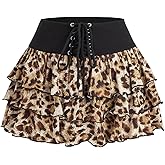 Verdusa Women's Leopard Print Tiered Layered Ruffle Mini Skirt Lace Up Tie Front Short Skirts