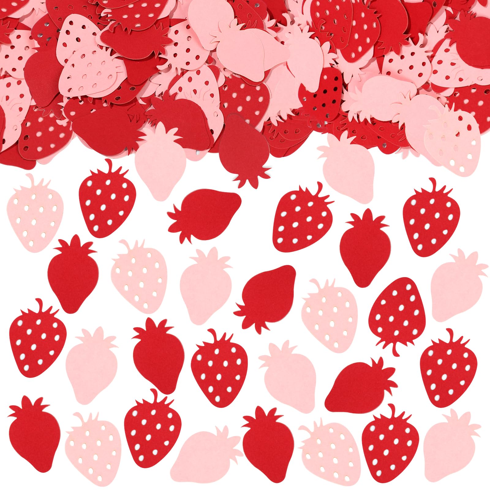 Photo 1 of Liobelon 300 Pieces Red Pink Strawberry Confetti, Glitter Sweet Table Confetti, 1st Birthday Party Paper Scatters Fruit Theme Table Decorations for Baby Shower (pink red)