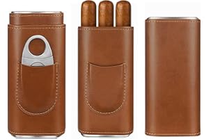 cgaplus 3-Finger Leather Cigar Case with Cutter Cedar Wood Lined Cigar Humidor Portable Travel Cigar Case(Brown)
