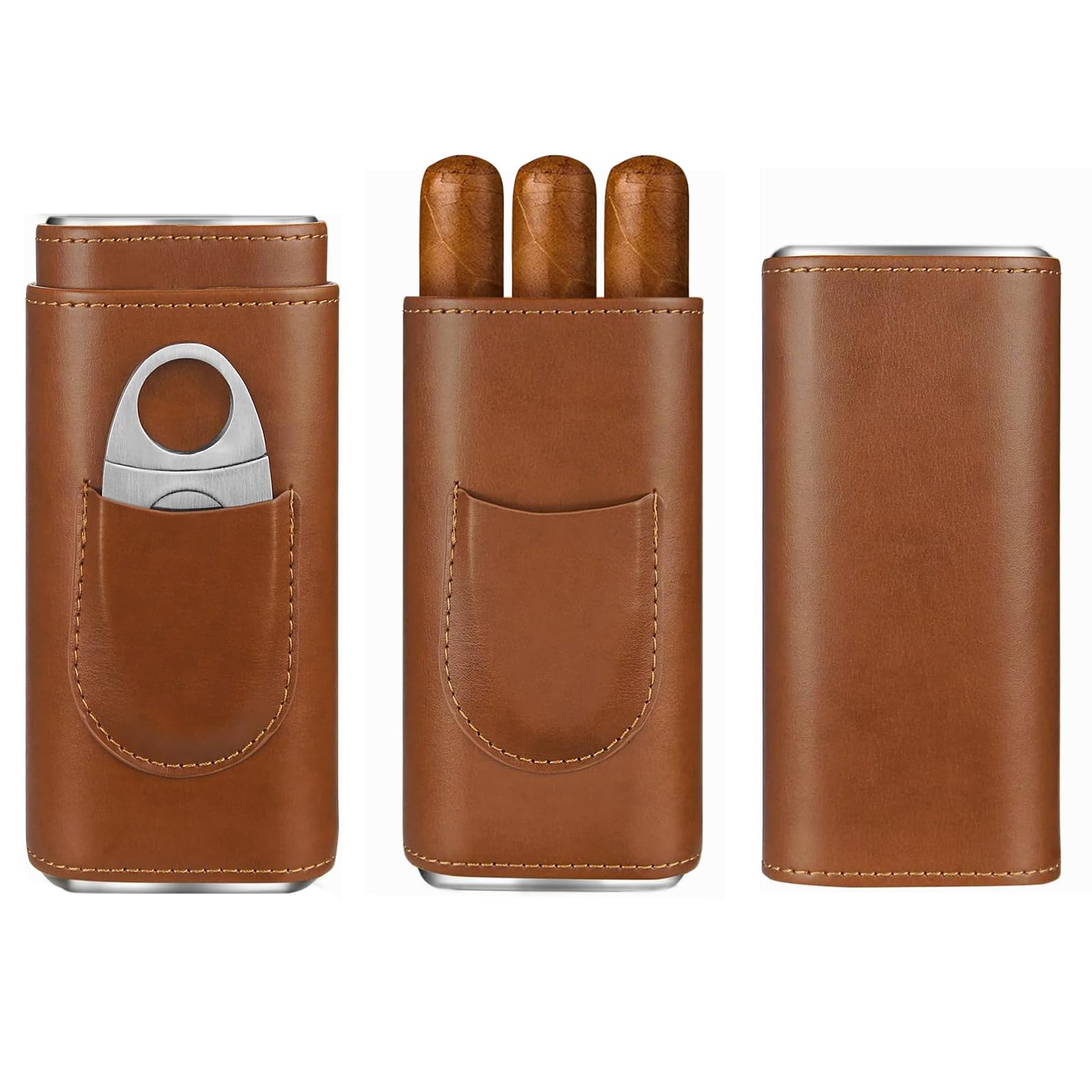 cgaplus 3-Finger Cigar Case with Cutter Crocodile Pattern Leather Cigar Humidor Case Portable Travel Case for Men (Brown 2)
