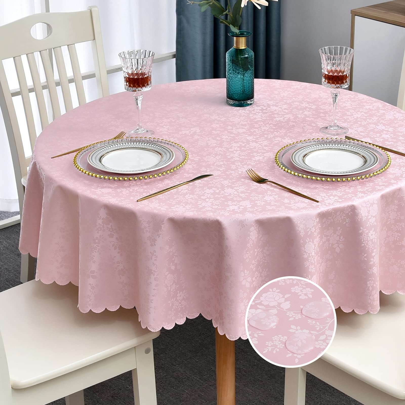 Romanstile Vinyl Round Tablecloth, 100% Waterproof Outdoor Heavy Duty Thick Table Cloth with Flannel Backing, Wipeable Plastic PU Table Cover for Picnic Dining Party (Rose Pink, 60" Round)