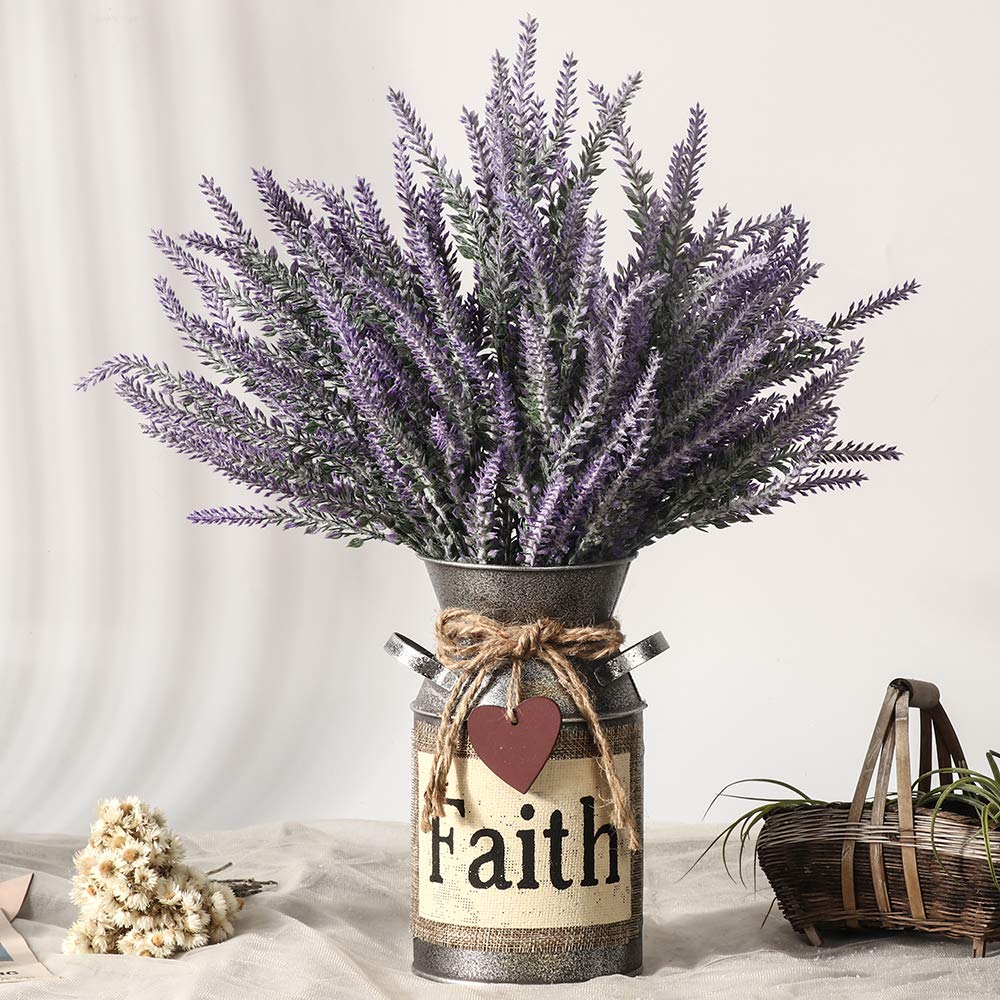 LESING Artificial Lavender Flowers with Vase Fake Lavender Plants in Decorative Metal Vase Rustic Vintage Flowers for Home Farmhouse Decoration (Faith,Purple)