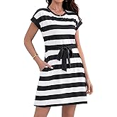 Wsheliu Women's Summer Dresses 2025 Striped Cap Sleeve T Shirt Crewneck Casual Dress A Line Tie Waist with Pockets
