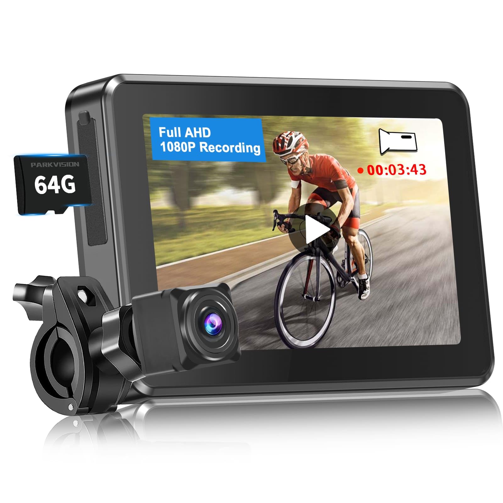 Photo 1 of PARKVISION Bicycle Rear View Camera Recorder, 1080P Handlebar Bike Camera with 4.3'' HD Monitor, 64GB TF Card, 110° Angle View, 360°Rotatable Bracket, Backup/Front View Camera for Mountains,Ebikes