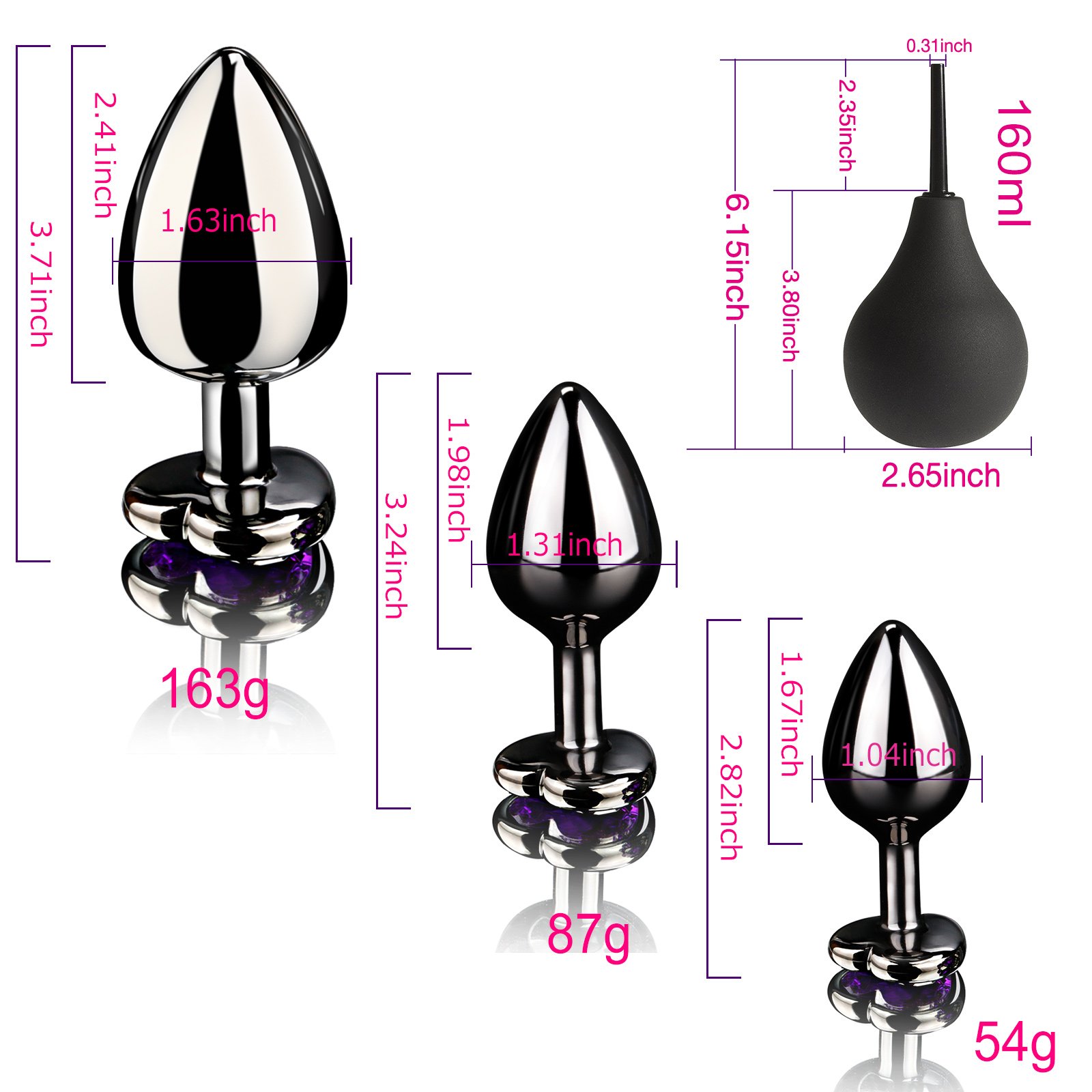 Tracy\'s Dog Analplugs Set + Klistier,Anal Buttplug Set Metall Herzform Mit Lila Kristall für Männer Frauen