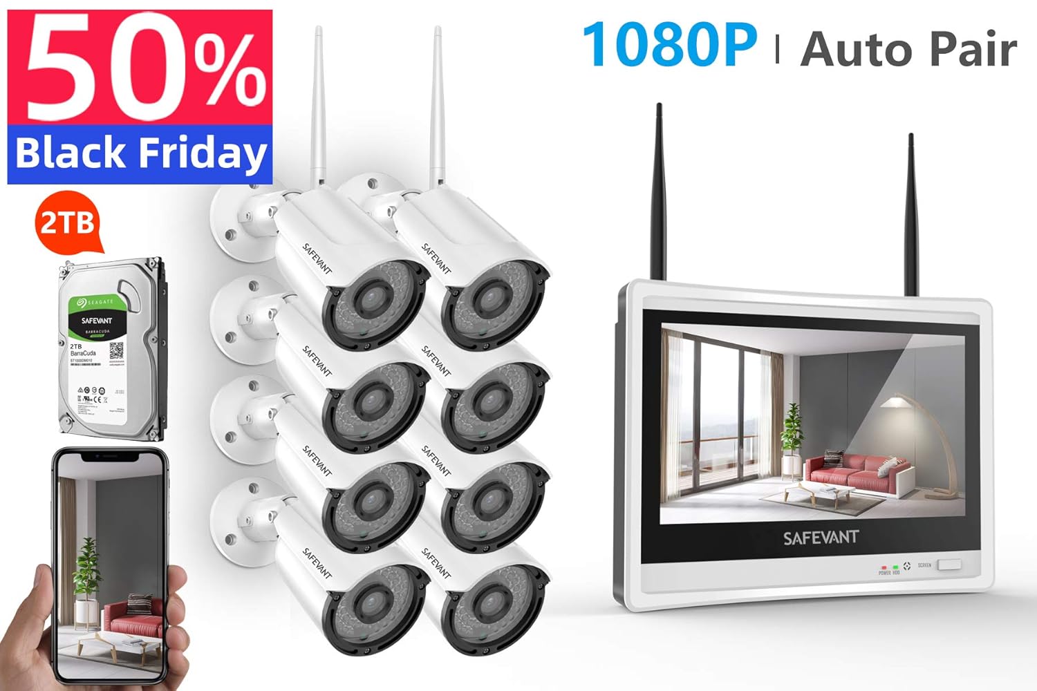 [8CH 2TB] 1080P Full HD Security Camera System Wireless with Monitor