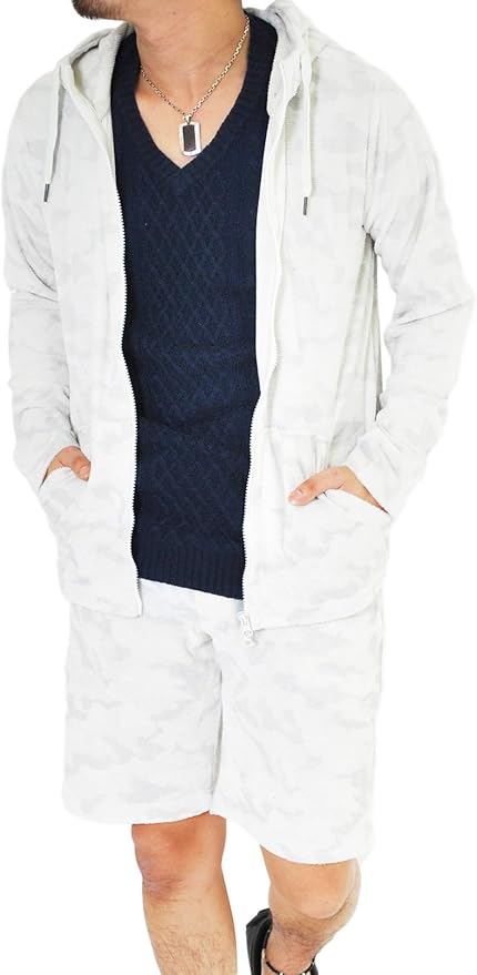 Amazon ロハス Lohasパイル迷彩柄セットアップ メンズ カモフラ カモ ショーツ ハーフパンツ パーカー アウター 迷彩 部屋着 ルームウェア 上下 パイル リラックス タオル生地 M White02 ホワイト02 トレーナー パーカー 通販