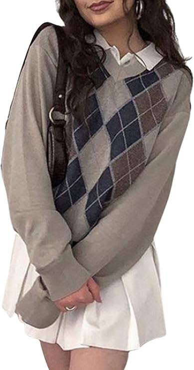 Women V Neck Sweater Y2K Knitwear Long Sleeve Argyle Plaid Casual Pullover Tops: Amazon.co.uk 