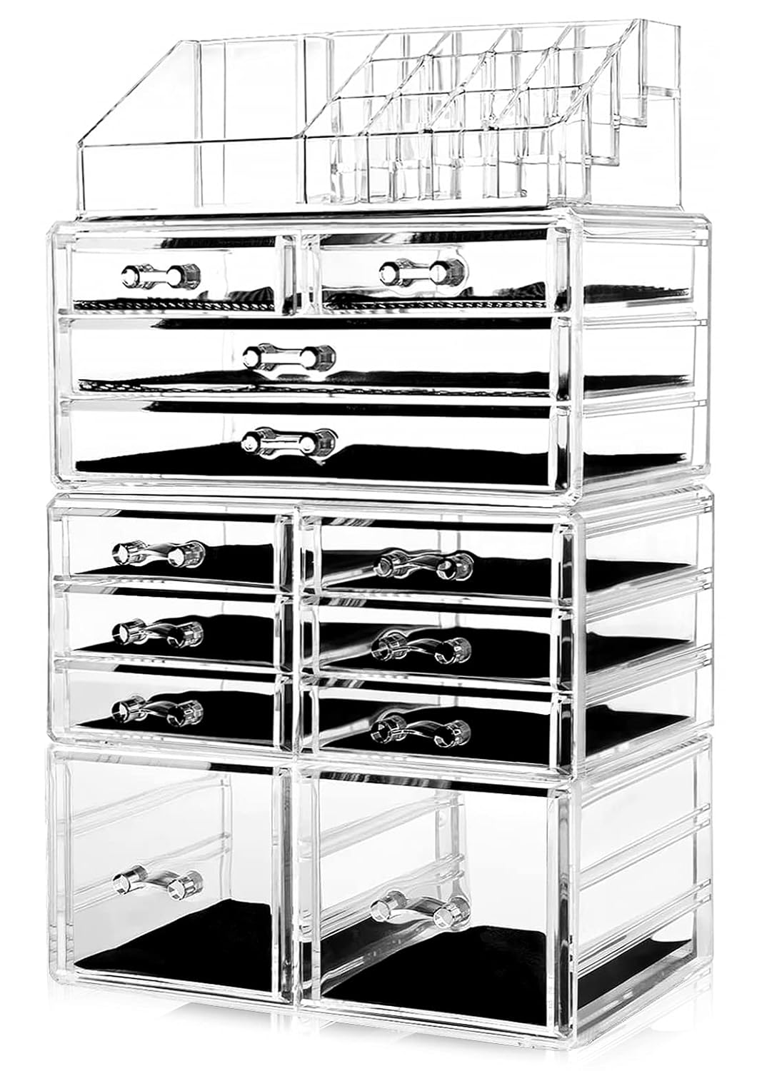 HBlife Makeup Organizer Acrylic Cosmetic Storage Drawers and Jewelry Display Box with 12 Drawers, 9.5" x 5.4" x 15.8", 4 Piece, Clear: Beauty