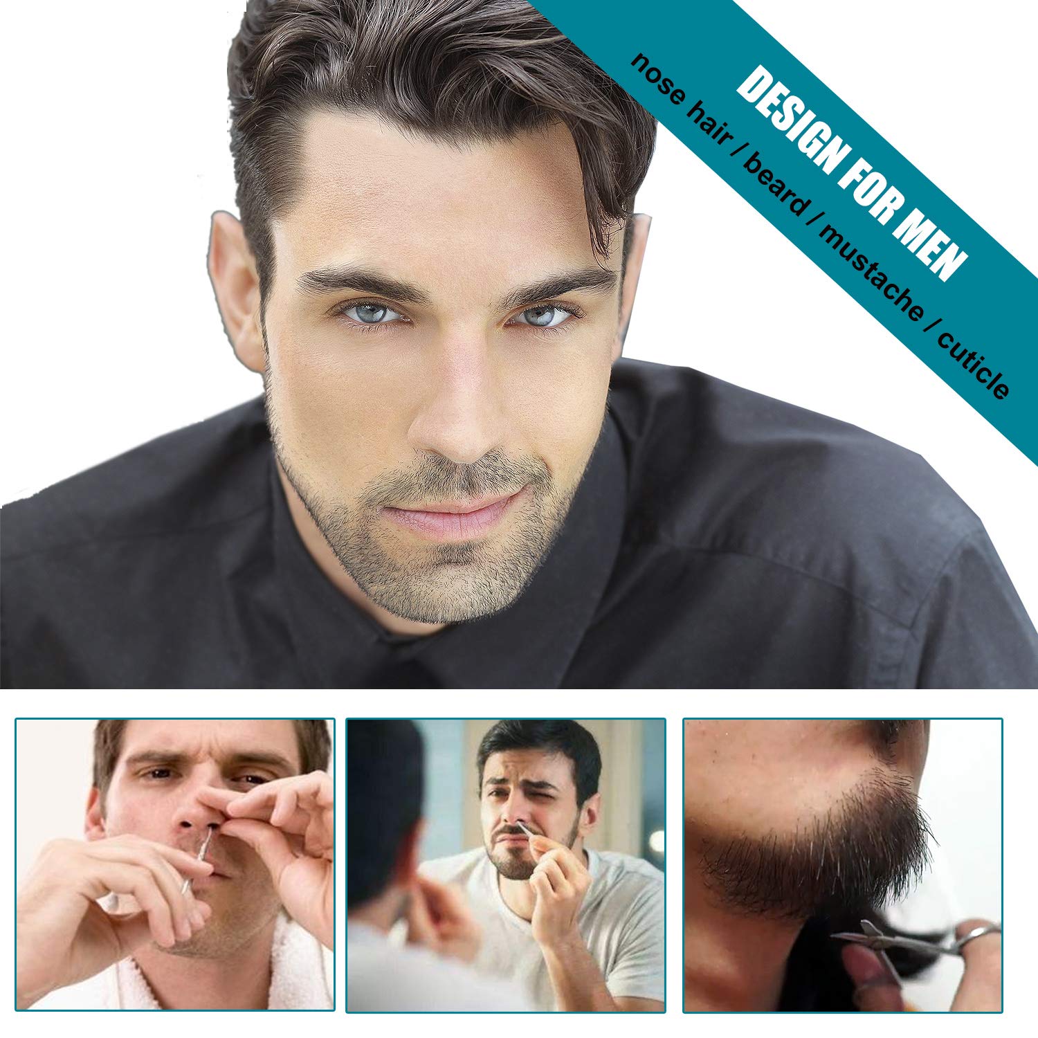 Small Scissors, Comfort-Grip Handles, Facial Hair Grooming Set, Eyebrow, Nose, Mustache, Beard, Eyelashes Ear Nail Trimming Kit, Point and Rounded Safety Tip Cutting Clippers 2PCS With PU Cover Black: Beauty