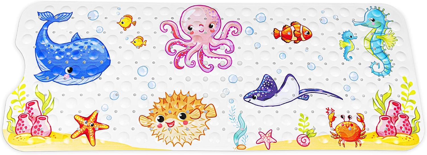 Finew Tapis De Bain Bebe De Dessin Anime Tapis De Bain Parfait Pour Enfants Et Bebe Trous Decoulement Tapis De Douche Tapis Antiderapant Avec Ventouse 40x100 Cm Extra Long Tapis De Bain