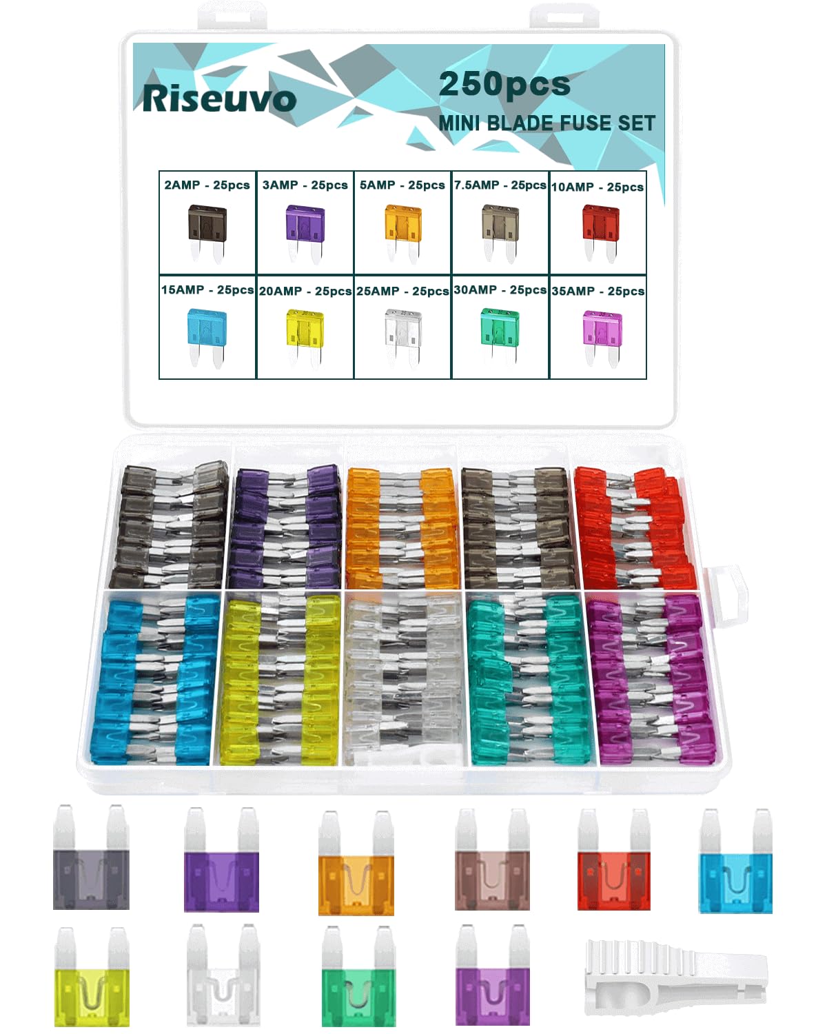Photo 1 of Riseuvo 250 Pcs Mini Fuse Kit - Automotive ATM Blade Fuses Assortment Kit for Cars, Trucks, RVs and Motorcycles with Fuse Puller (2A 3A 5A 7.5A 10A 15A 20A 25A 30A 35A)