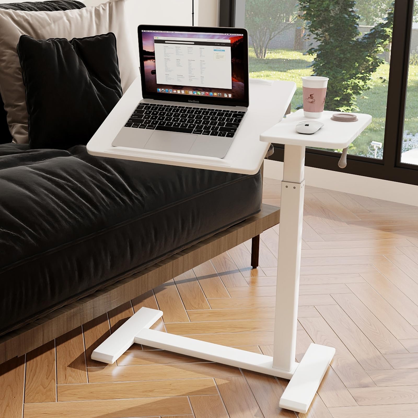 Photo 1 of PUNCIA Adjustable Pneumatic Overbed Table with Wheels Split Top Tilting Bedside Bed Table with Tray Rolling Laptop Computer Standing Desk Cart Height 27"-40"