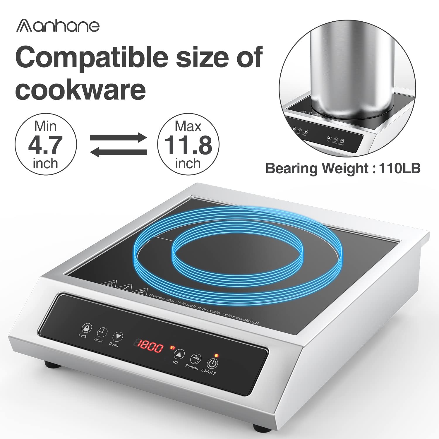 1800W Professional Commercial Induction Cooktop: 120V Stainless Steel Countertop Burner for RV, Small Restaurant, Catering Kitchen - Portable Hot Plate with 3-Hour Timer, Touch Panel