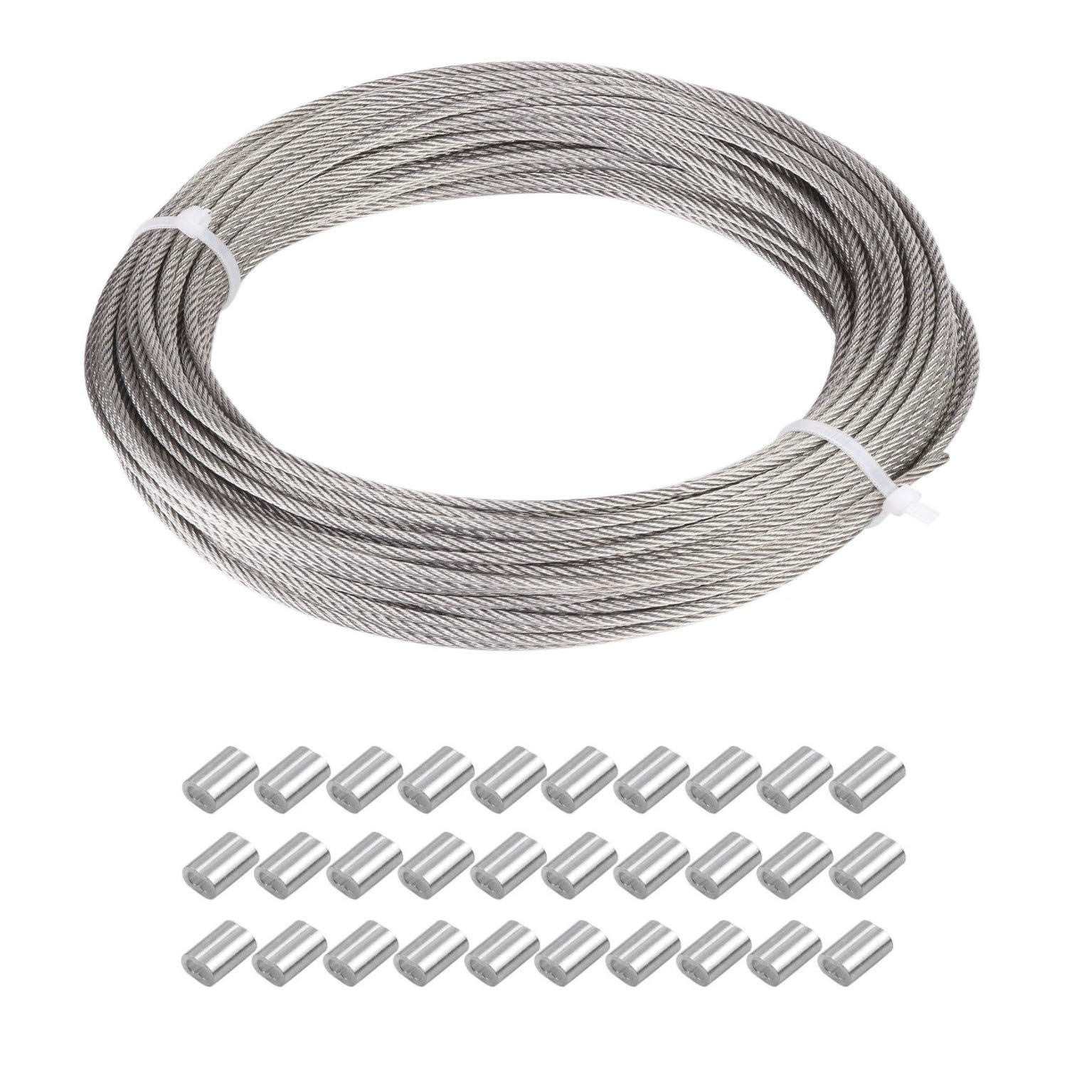 JZK 2mm x 30 m 98ft Plastic coated thin stainless steel wire rope cable with 30x crimping sleeves, mirror picture frame hanging cord garden wire